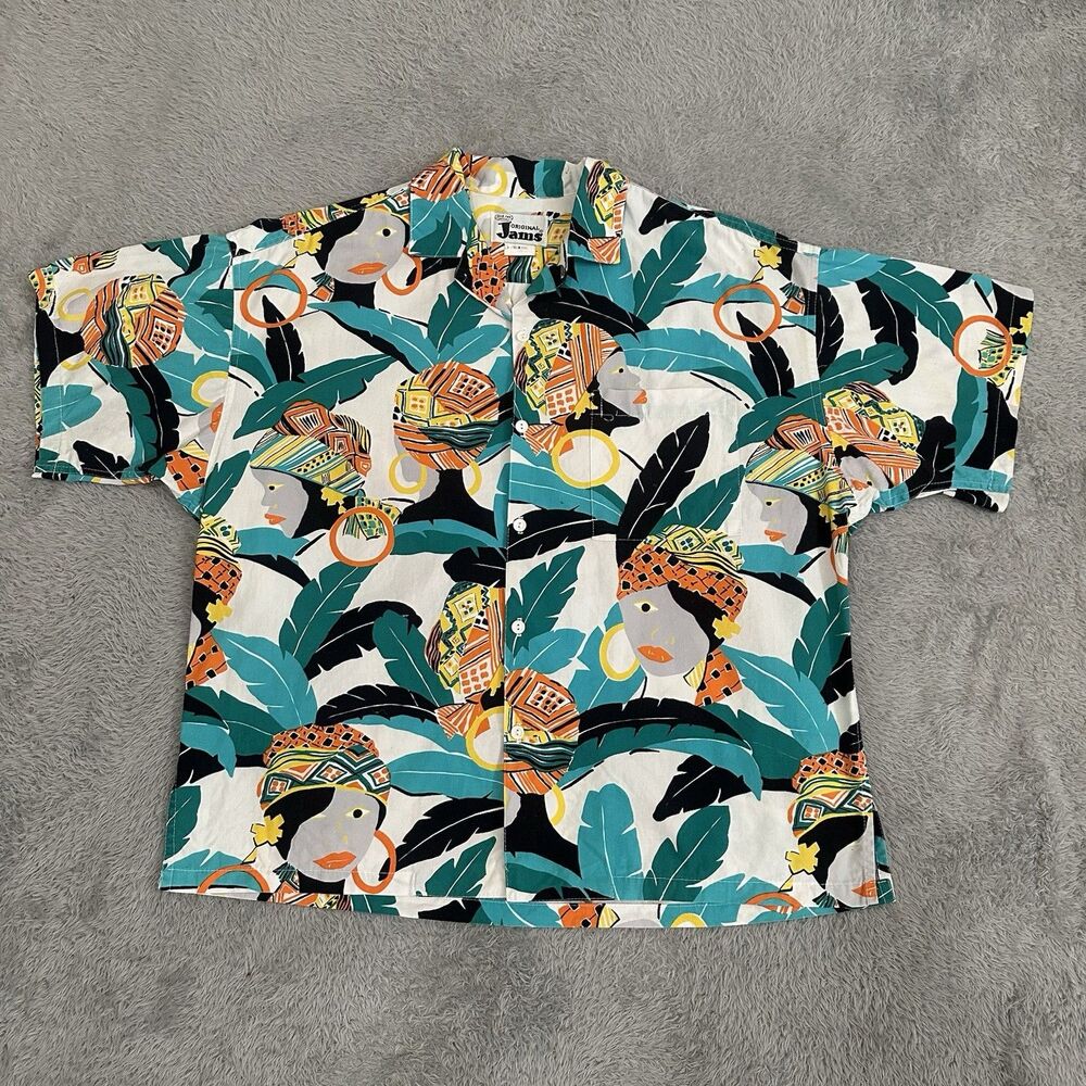 Vintage Original Jams Surf Line Hawaii Shirt Sz L Tropical Tribal Portrait White